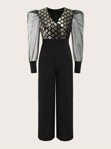SHEIN Lady Lưới tương phản Tay áo In kẻ sọc Tương phản Sequin Áo nịt ngực Áo liền quần - Nhiều màu - Xem 6