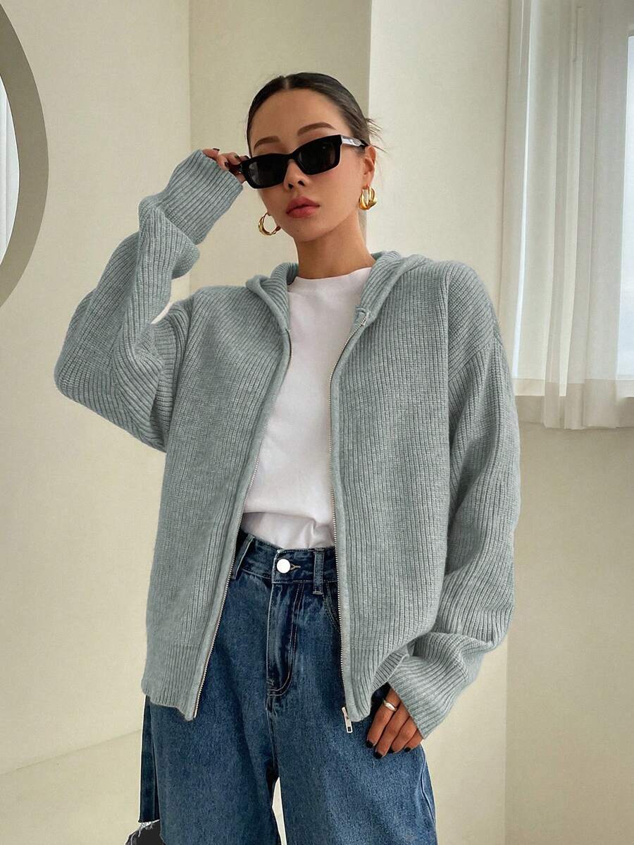 DAZY 落肩袖拉鏈開襟連帽開襟衫 - 藍色 - 查看 1