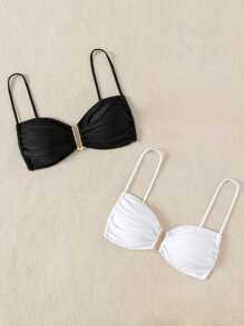 SHEIN Swim Áo bikini nhún bèo đi biển mùa hè - Đen và trắng - Xem 4