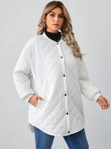 SHEIN LUNE Hơn Thả vai Cổ Đứng Áo khoác Quilted - trắng - Xem 3