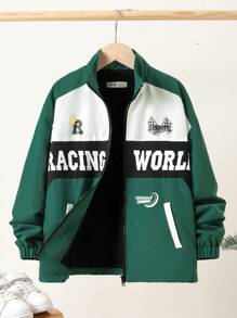 SHEIN Tween Boy Letter Graphic Two Tone Zip Up Coat - Green - View 6