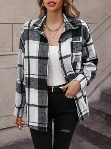Plaid Print Drop Shoulder Patch Pocket Coat - White - View 7