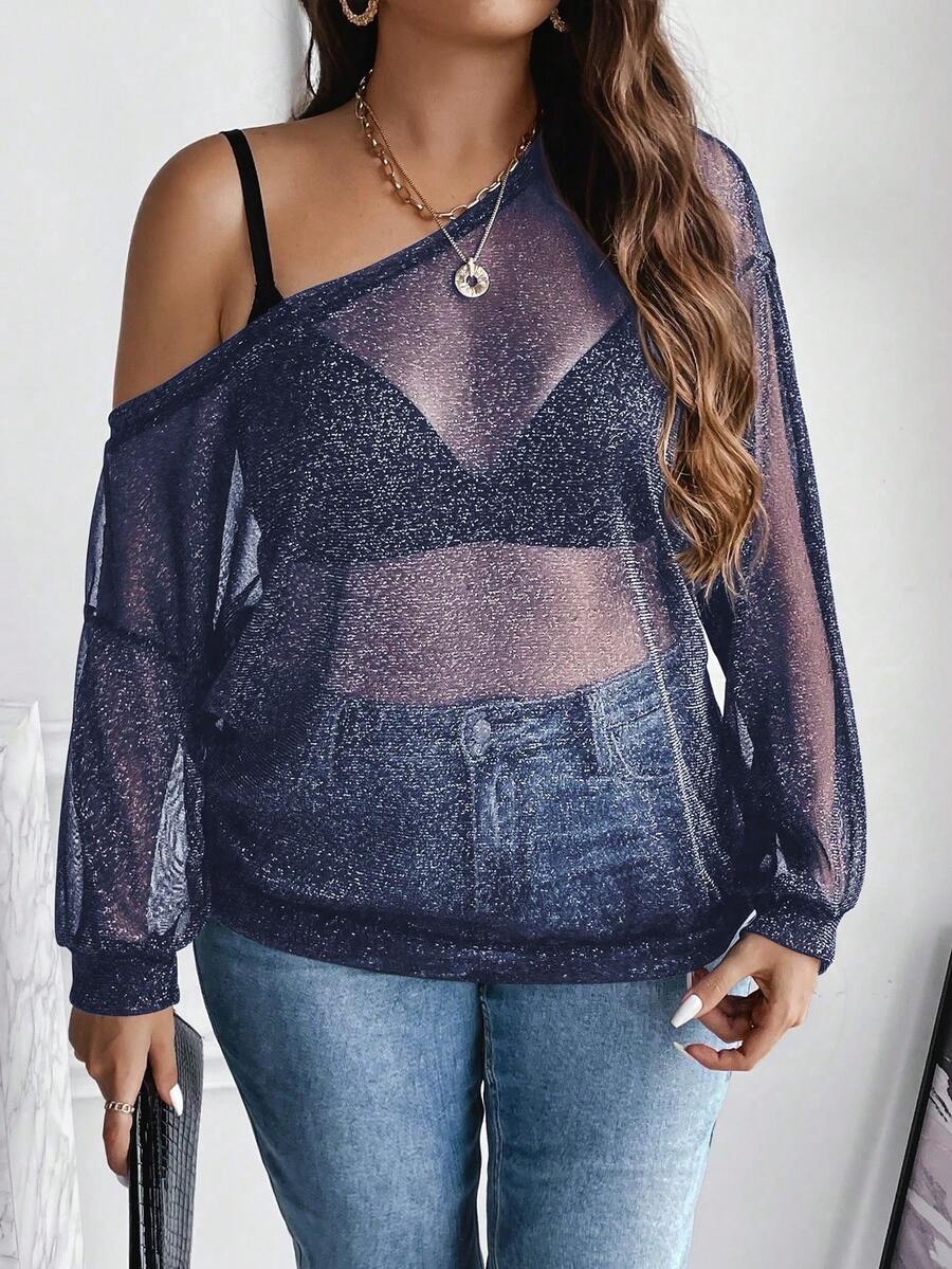 SHEIN Franclia Hơn Cổ không đối xứng Thả vai Lưới Áo nỉ Không có áo ngực - Xanh đậm - Xem 1