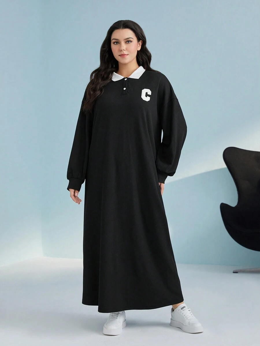 Mulvari Hơn Đồ họa Chữ cái Cổ áo tương phản Thả vai Cổ Polo Đầm - Màu Đỏ Sâu - Xem 1