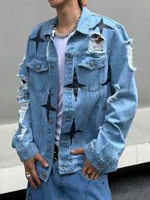 Manfinity EMRG Homme Veste En Jean Imprimé Étoile Déchiré