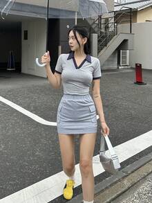 DAZY Viền tương phản Áo thun - Xám - Xem 7