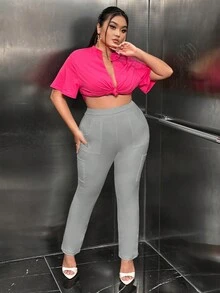 SHEIN SXY Plus Solid Pocket Patched Leggings - Grey - View 4