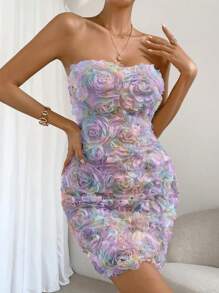 Allurite Vestido tubo aplique floral - Morado - Ver 3