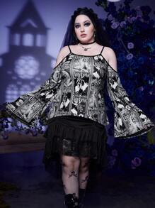 Corpse Bride | ROMWE Plus Allover Cartoon Print Cold Shoulder Flare Sleeve Tee - Black - View 1