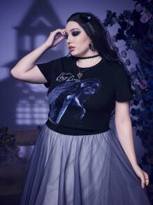 Corpse Bride | ROMWE Plus Figure & Letter Graphic Crop Tee - Black - View 4
