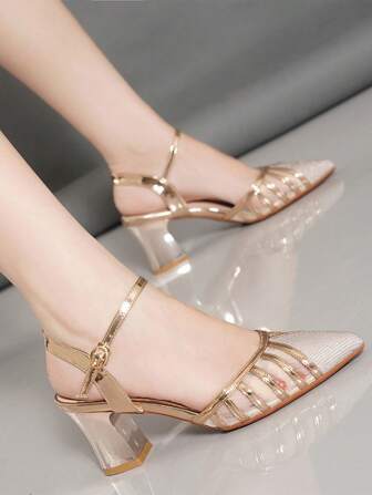 Women's Mesh Net Closed Toe Chunky Heel Sandals, Summer Pointed Toe Strap Buckle Hollow-Out Shoes, Fashionable And Comfortable