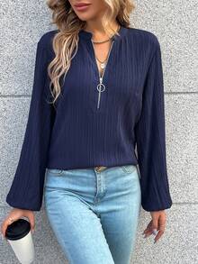 SHEIN LUNE Half Zip Lantern Sleeve Blouse - Navy Blue - View 4