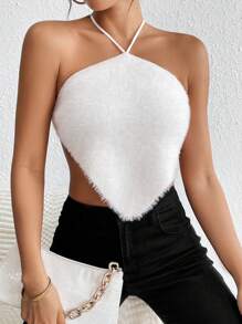 Chiquease Ca-vát Backless Viền khăn tay Dây Knit ngọn - Màu be - Xem 4