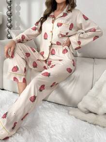 Strawberry Print Contrast Piping Satin PJ Set / Pajama Set - Apricot - View 4