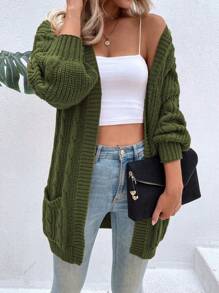 SHEIN LUNE Cable Knit Drop Shoulder Pocket Patched Duster Cardigan - Army Green - View 4
