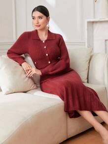 Modelyn Vestido de punto unicolor con botón delantero bajo sirena sin cinturón - Rojo - Ver 4