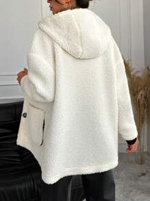 EURMUSE Dual Pocket Drop Shoulder Hooded Teddy Coat - White - View 3