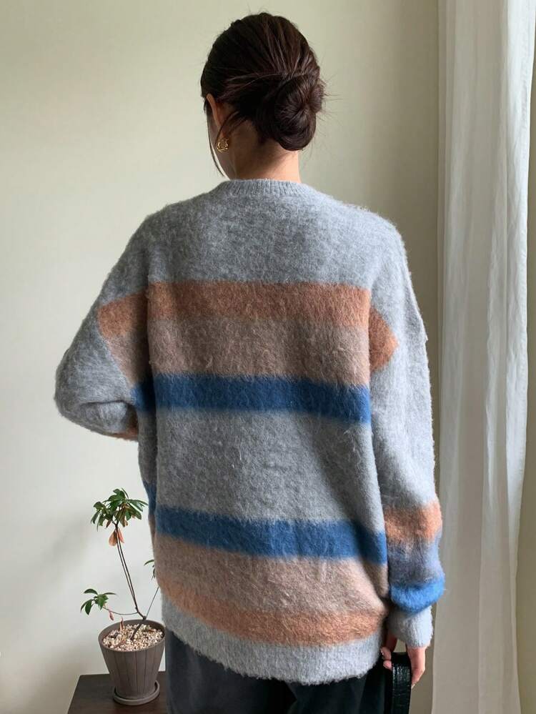 Color Block Drop Shoulder Fluffy Knit Sweater,Fall Women Clothes