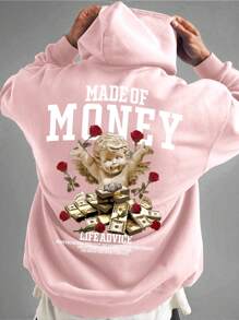 Manfinity EMRG 男士标语与雕塑印花落肩抽绳连帽衫，粉色连帽衫，男士连帽衫，图案连帽衫 - 粉色 - 查看 1