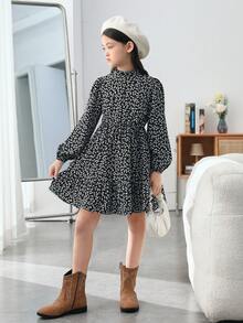 Cô gái Tween In hoa Ditsy Tay áo lồng đèn Xù Hoa Sen Váy Smock - Đen và trắng - Xem 6