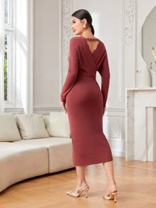 Modelyn Surplice Neck Batwing Sleeve Sweater Dress Without Belt - Burgundy - View 2