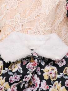 SHEIN Đứa bé gái In hoa Cổ áo Borg Lót Teddy Áo khoác & Mũ - màu đen - Xem 5