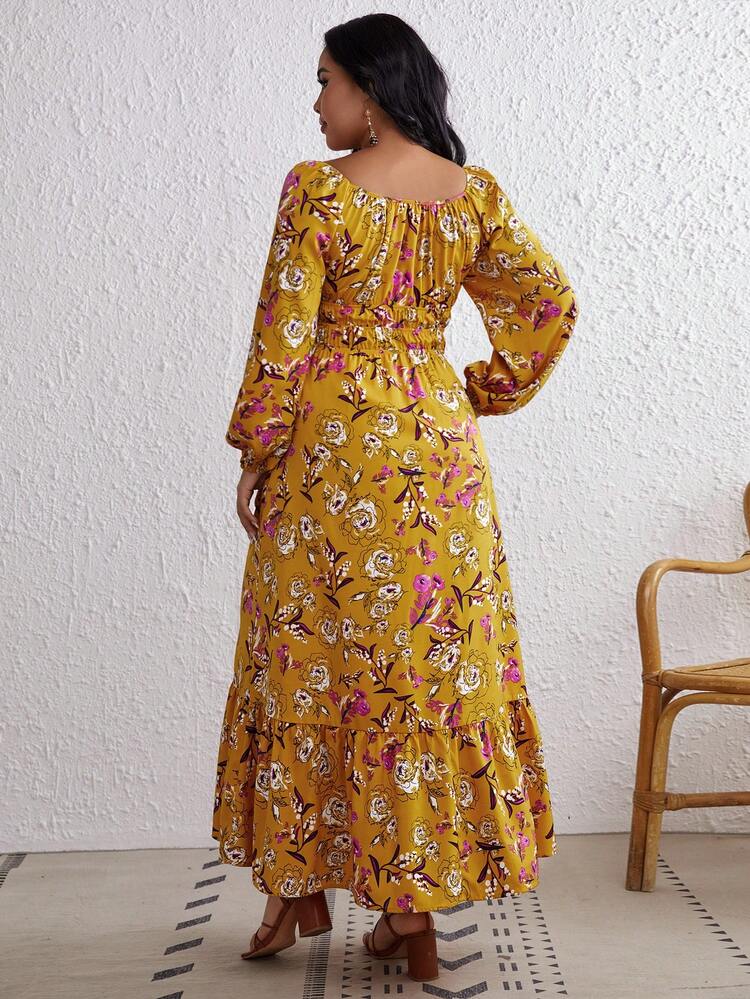 Plus Floral Print Lantern Sleeve Split Thigh Dress