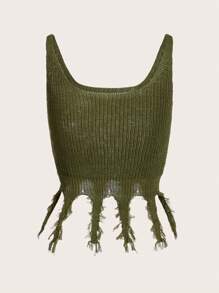 SHEIN MOD Solid Distressed Crop Knit Top - Green - View 1