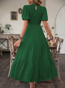 Breezaya 纯色泡泡袖荷叶边下摆长裙度假海滩装女装 - 墨綠色 - 查看 2