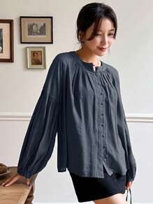 DAZY Casual Business Solid Color Lantern Sleeve Shirt Long Sleeve Top - Dusty Blue - View 5