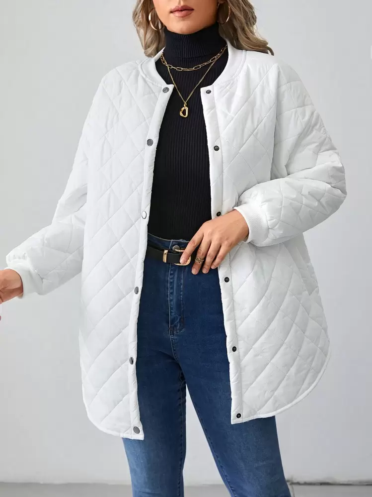 SHEIN LUNE 大碼落肩袖棒球領絎縫外套 - 白色 - 查看 1