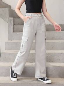 Tween Girl Flap Pocket Side Cargo Jeans - Light Grey - View 3