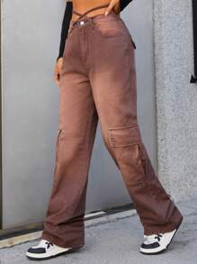SHEIN ICON Flap Pocket Side Cargo Jeans - Coffee Brown - View 3