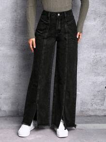 SHEIN EZwear 下擺開叉闊腿牛仔褲