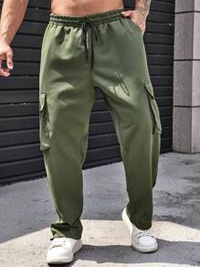 Manfinity LEGND Men's Plus Size Loose Cargo Pants With Flap Pockets And Elastic Drawstring Waist - Black - View 5