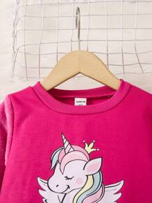 SHEIN Cô Gái Trẻ Kỳ lân in Teddy Tay áo Áo chui đầu Và Quần thể thao - Màu Hồng Tươi - Xem 5