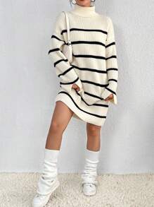 Flirla Striped Pattern Drop Shoulder Sweater Dress