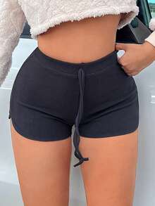 SHEIN SXY Chất rắn Nút eo Quần short đi xe - Màu xám đen - Xem 3