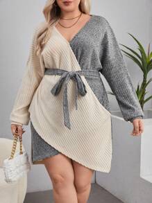 SHEIN Privé 大碼雙色落肩袖繫腰帶洋裝 - 灰色 - 查看 3