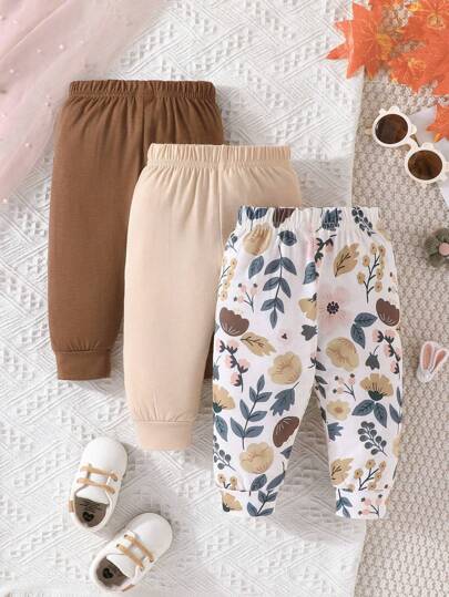 SHEIN Vintaside Kids Baby Girl 3pcs Floral Print Sweatpants,Suitable For Everyday Wear,Baby Pants Toddler Pants Infant Pants Baby Trousers