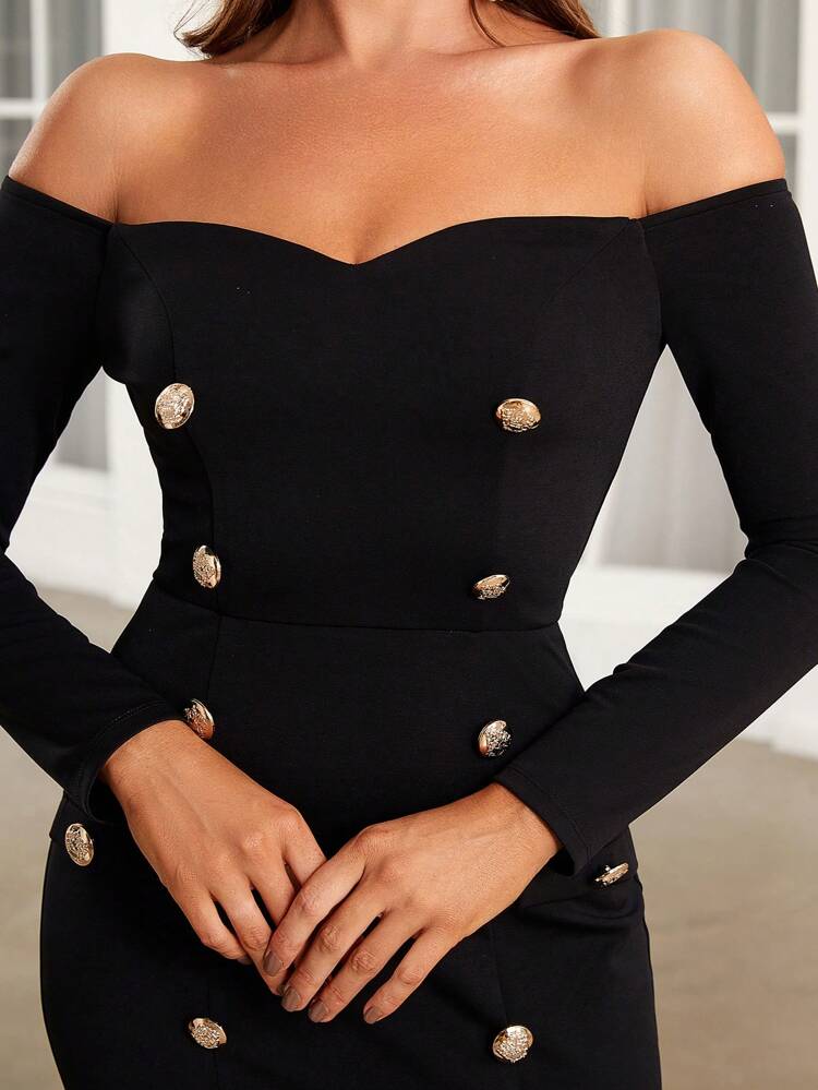 Off Shoulder Button Detail Split Thigh Formal Dress