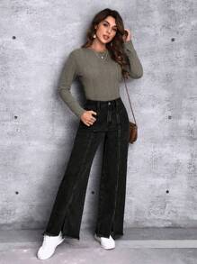 SHEIN EZwear 下擺開叉闊腿牛仔褲