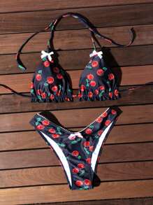 櫻桃圖案頸掛三角杯比基尼套裝
