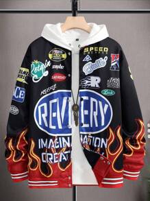 Manfinity EMRG 男士火和字母圖案條紋飾邊學院風夾克無連帽衫 - 黑色 - 查看 1