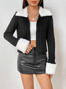 SHEIN Privé Cárdigan cuello de borreguito con cremallera - Negro - Ver 6
