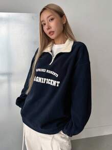 DAZY Letter Graphic Quarter Zip Drop Shoulder Thermal Lined Sweatshirt,Fall Clothes - Navy Blue - View 4