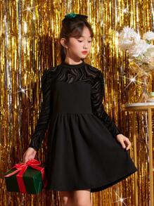 SHEIN 女大童網紗拼接肩部喇叭下擺洋裝 - 黑色 - 查看 6