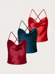 3入組素色緞面睡吊帶上衣 - 彩色 - 查看 1
