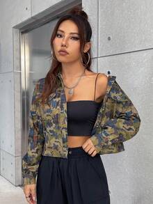 Pamile Camo Print Drop Shoulder Crop Jacket - Multicolor - View 5