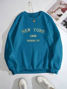 SHEIN EZwear Letter Embroidery Thermal Lined Sweatshirt - Teal Blue - View 1